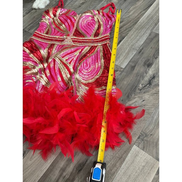 Banjul ornate sequin beaded feathered red mini dress - Picture 4 of 8